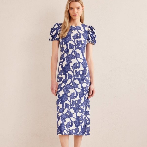 Boden Dresses & Skirts - Boden White/Blue Paisley Floral Dress with Short Puff Sleeves Size 14 Vacation!